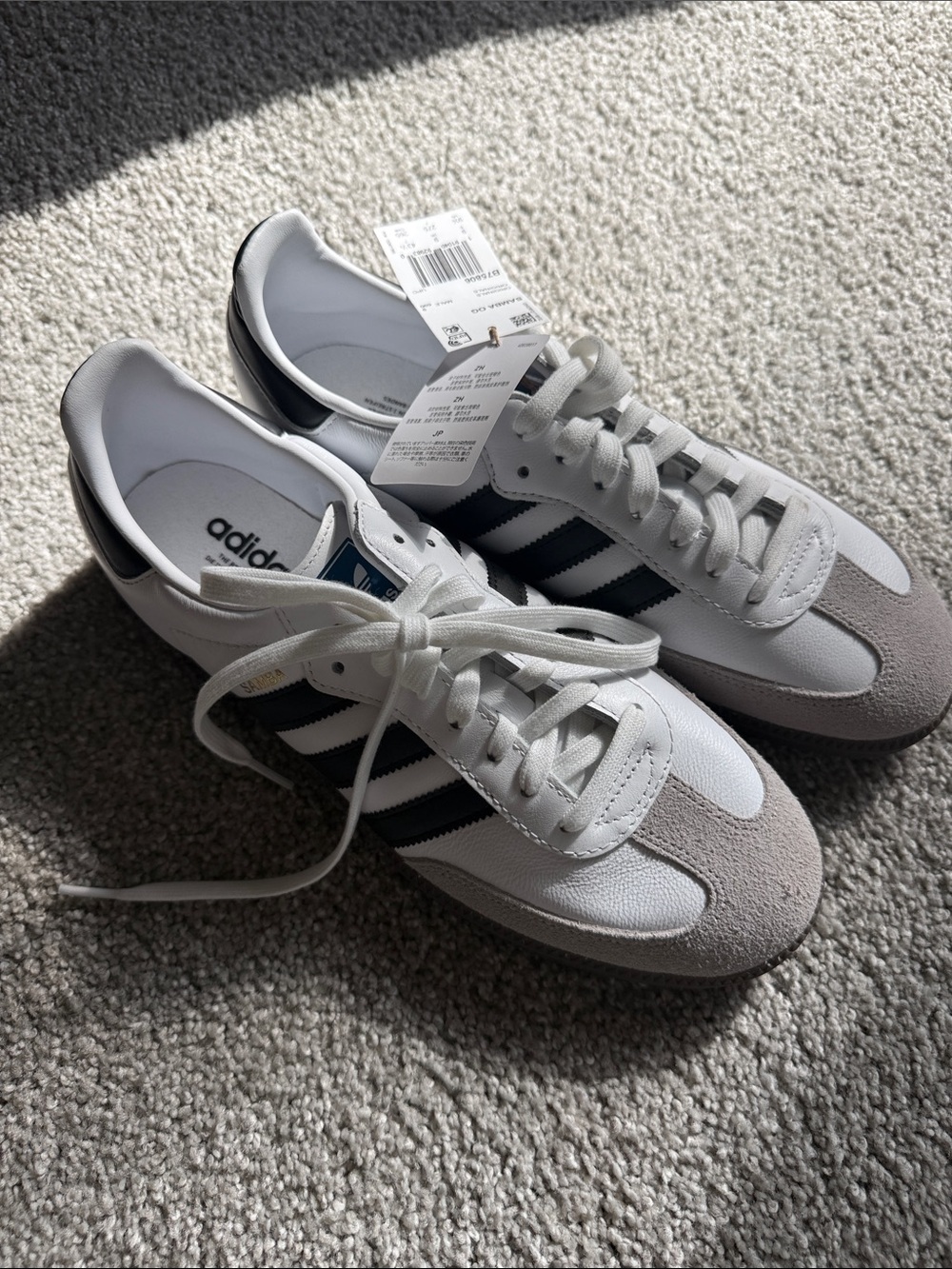adidas White Trainers with Black Stripes and Gray Suede